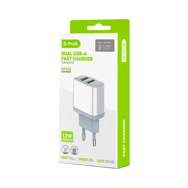 Laadija 12W 2XUSB-A DF143, D-FRUIT, 1 tk