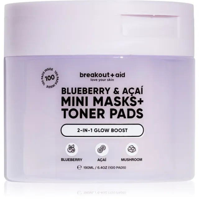 breakout + aid Mini Masks+Toner Pads Bluberry & Acai toniseerivad padjad sära andmiseks ja niisutamiseks 100 ml