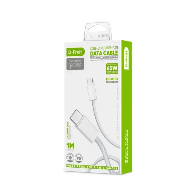 Kaabel USB-C - USB-C 1m, valge (DF901C), D-FRUIT, 1 tk
