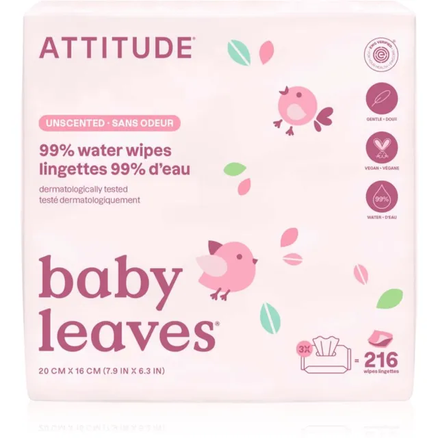 Attitude Baby Leaves Water Wipes Niisked salvrätikud lõhnatu 3x72 tk