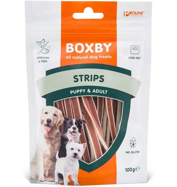 Naturaalne maius koerale Boxby Strips, kanaliha ja kalaga