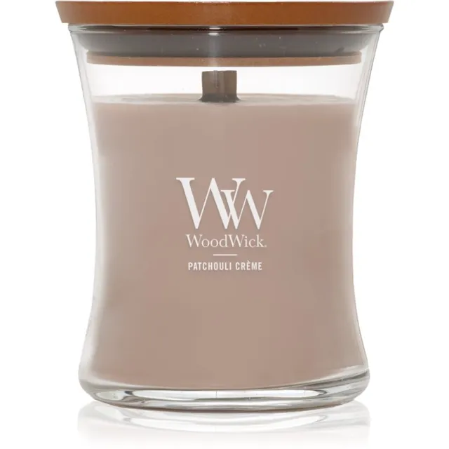 Woodwick Opulent Wood Patchouli Creme lõhnaküünal puidust taht 275 g