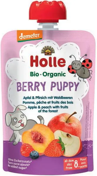 Õunapüree virsikute ja metsamarjadega BERRY PUPPY, beebidele alates 8. elukuust, biodünaamiline