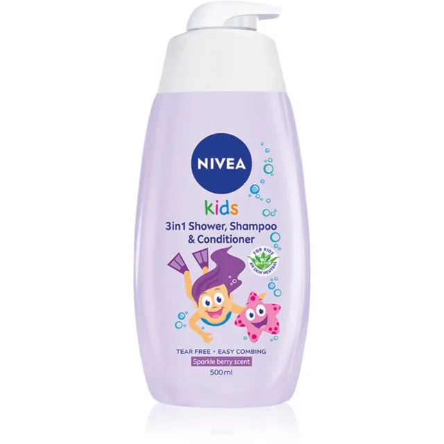 NIVEA Kids Sparkle Berry Mahe dušigeel ja šampoon lastele kolm-ühes 500 ml