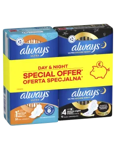 Always Ultra hügieenisidemed Day (suurus 1-20 tk) ja Night (suurus 4-12 tk)