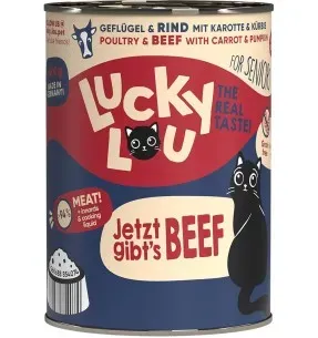 Lucky Lou Senior konserv eakale kassile kodulinnu- ja veiselihaga, teraviljavaba