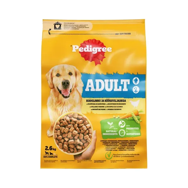 Täistoit. Kuivtoit täiskasvanud koertele linnuliha ja köögiviljaga, PEDIGREE, 2,6kg