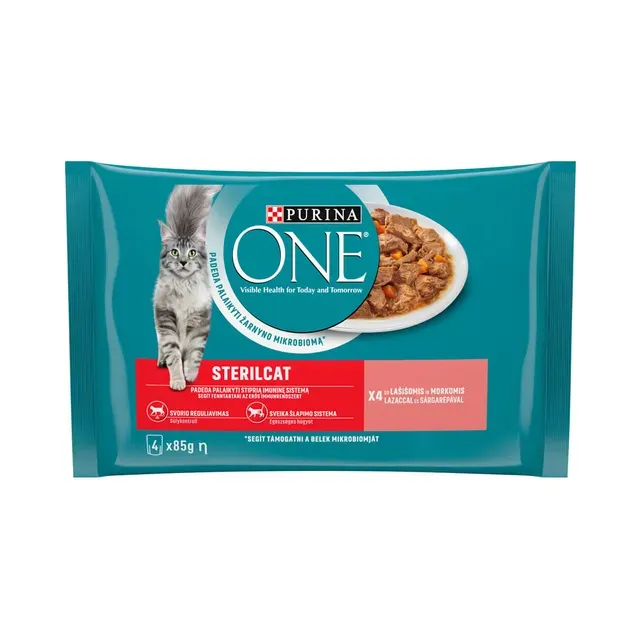 Täissööt. Kiisueine steriliseeritud kassidele lõhe ja porgandiga 4-pakk, PURINA ONE, 340g