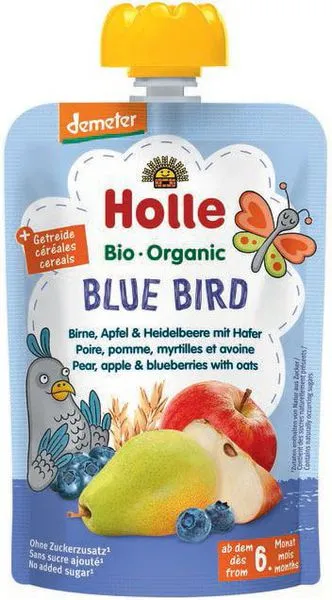 Pirni-, õuna- ja mustikapüree kaeraga BLUE BIRD, beebidele alates 6. elukuust, biodünaamiline