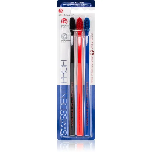 Swissdent Profi Colours hambaharjad soft–medium black, red, blue 3 tk