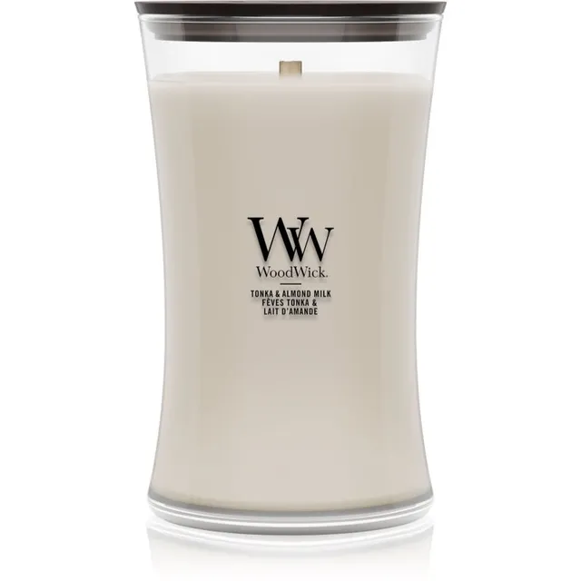 Woodwick Tonka & Almond Milk lõhnaküünal puidust taht 610 g