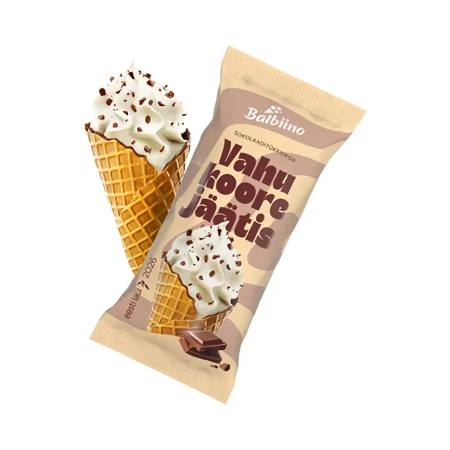 Vahukoorejäätis šokolaaditükkidega vahvlikoonuses, BALBIINO, 85 g