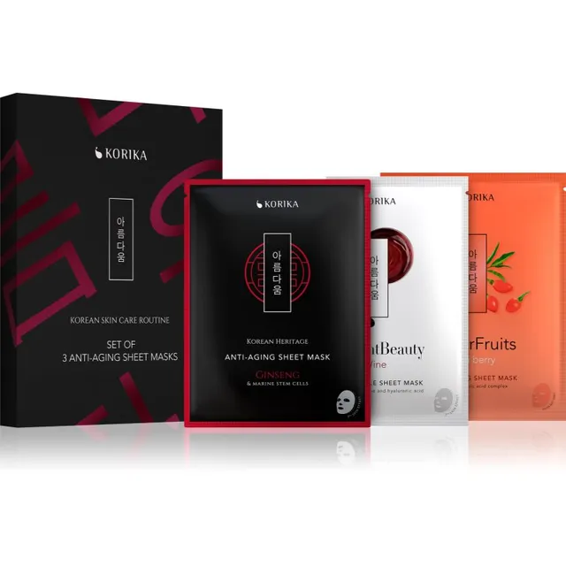 KORIKA KOREAN SKIN CARE ROUTINE SET OF 3 ANTI-AGING SHEET MASKS komplekt kortsudevastase toimega