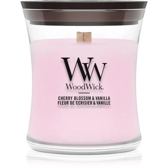 Woodwick Cherry Blossom & Vanilla lõhnaküünal puidust taht 85 g