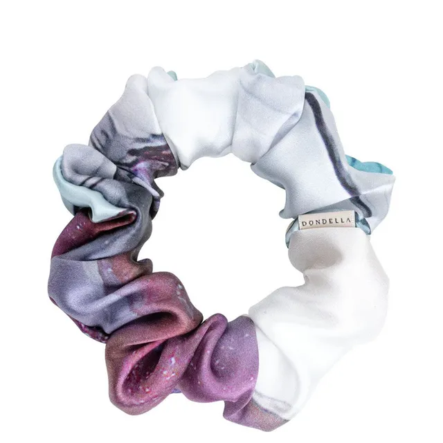 DONDELLA Luxury Silk Vivarine Blue & White & Purple Scrunchie Hair Ring 11cm