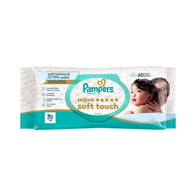 Niisked salvrätikud Aqua Soft Touch, PAMPERS WIPES, 60 tk