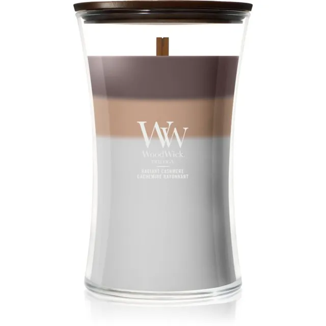 Woodwick Trilogy Radiant Cashmere lõhnaküünal puidust taht 610 g