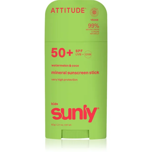 Attitude Sunly Kids Watermelon & Coco Mineraalne kaitsekreen näole ja kehale pulgakujuline SPF 50+ 60 g