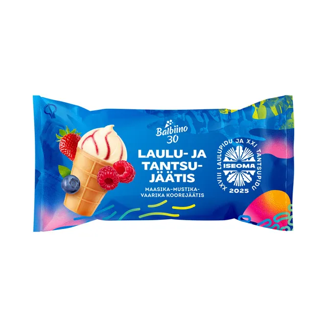 Laulu- ja tantsujäätis Koorejäätis maasika-mustika-vaarika vahvlitopsis, BALBIINO, 65 g