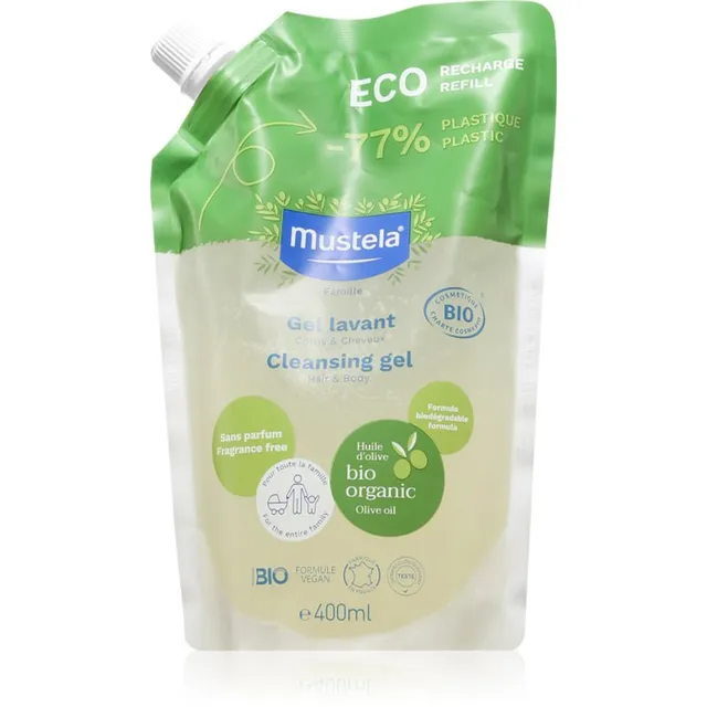 Mustela BIO Pesemisgeel kehale ja juustele lastele sünnist alates täitepakend 400 ml