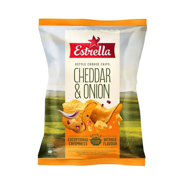 Kartulikrõpsud Cheddari juustu ja punase sibula Kettle Cooked, ESTRELLA, 120 g