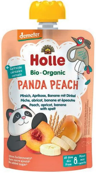 Virsiku-, aprikoosi-, banaani ja speltapüree PANDA PEACH, beebidele alates 8. elukuust, biodünaamiline