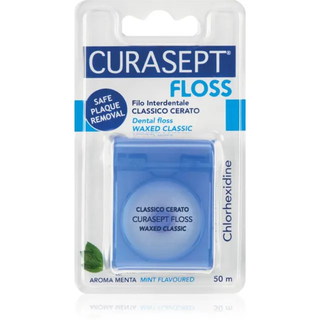 Curasept Dental Floss Waxed Classic Vahatatud piparmündimaitseline hambaniit antibakteriaalsete koostisainetega 50 m