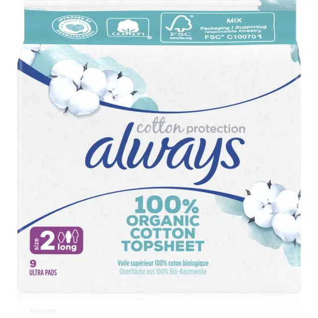 Always Cotton Protection Long Hügieenisidemed lõhnatu 9 tk