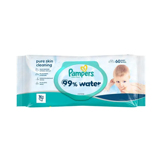 Niisked salvrätikud Water, PAMPERS WIPES, 60 tk