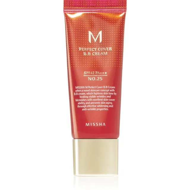 Missha M Perfect Cover BB kreem väga kõrge päikesekaitsefaktoriga väike pakk varjund No. 25 Warm Beige SPF 42/PA+++ 20 ml
