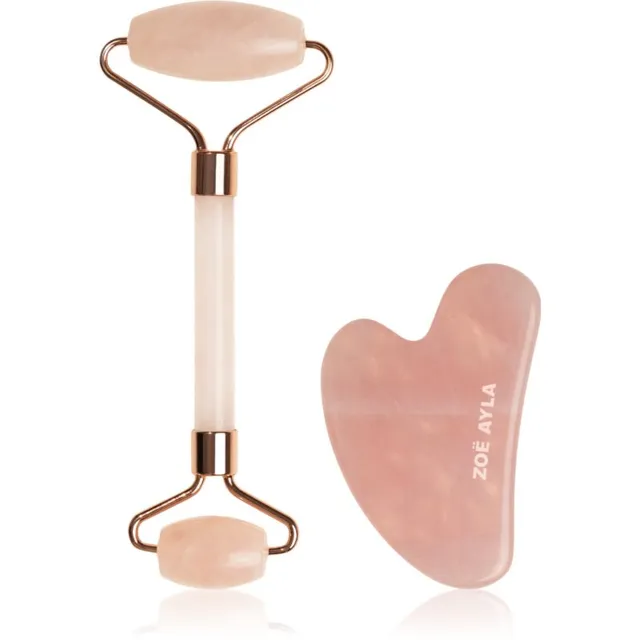 Zoë Ayla Rose Quartz Facial Roller And Gua Sha Tool Kinkekomplekt näole