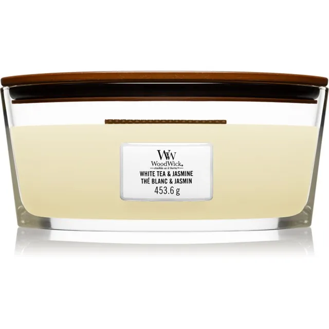 Woodwick White Tea & Jasmine lõhnaküünal puidust taht (hearthwick) 453.6 g