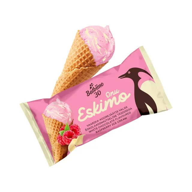 Vaarika-koorejäätis valge šokolaadimaitselise täidisega vahvlikoonuses, ONU ESKIMO, 84 g