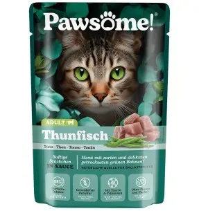 Pawsome! einekotike kassidele, tuunikala tükid kastmes, teraviljavaba kassikonserv