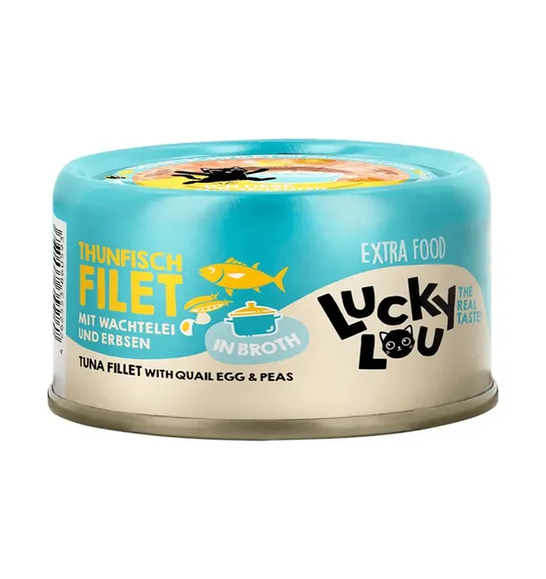 Lucky Lou Extra Food tuunifilee vutimunade ja hernestega puljongis, konserv kassile 70 g