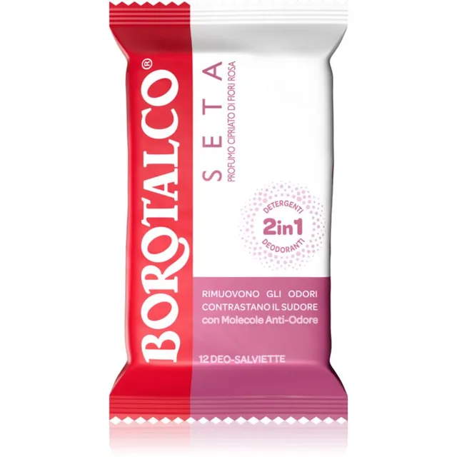 Borotalco Soft Talc & Pink Flower Deo Wipes Värskendavad niisked salvrätikud jalgade, keha ja kaenlaaluste jaoks 12 tk