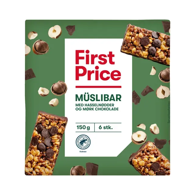 Müslibatoon tumeda šokolaadi ja sarapuupähkliga, FIRST PRICE, 150 g