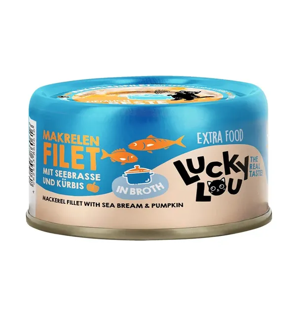Lucky Lou Extra Food makrellifilee merikogre ja kõrvitsaga puljongis, konserv kassile 70 g