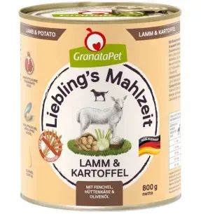 Liebling´s Mahlzeit TERAVILJAVABA konservtoit koertele LAMBALIHA (65%) ja KARTULITEGA koos APTEEGITILLI, KODUJUUSTU, OLIIVIÕLIGA