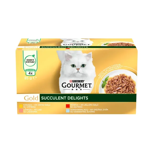 Täissööt. Kassikonserv liha/kalavalik Succulent Delights 4-pakk, GOURMET GOLD, 340g