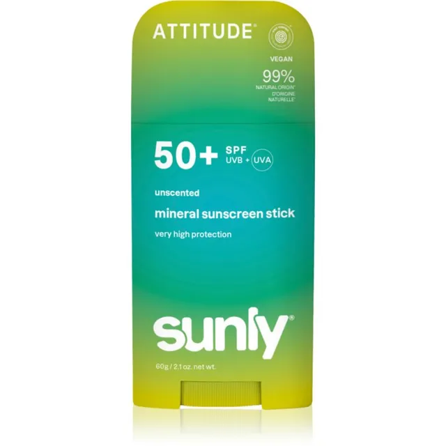 Attitude Sunly Mineral Sunscreen Stick SPF 50+ Mineraalne kaitsekreen näole ja kehale pulgakujuline lõhnatu 60 g