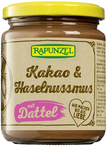 Kookose ja sarapuupähklite kreem datlite ja kakaoga, ökoloogiline.