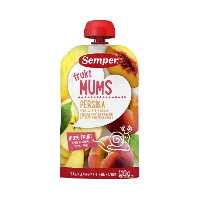 Fruktmums puuviljapüree virsiku, õuna, banaani 6+, SEMPER, 110 g
