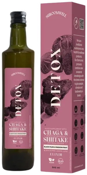 Toidulisand DETOX ELIXIR musta pässiku (chaga) ja shiitake seente, ploomi ja passionivilja maitsega