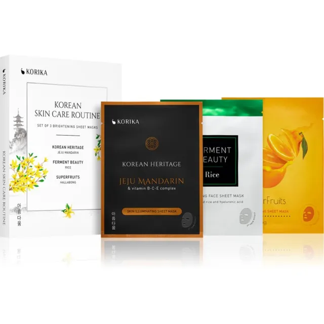 KORIKA KOREAN SKIN CARE ROUTINE SET OF 3 BRIGHTENING SHEET MASKS komplekt sära andva efektiga