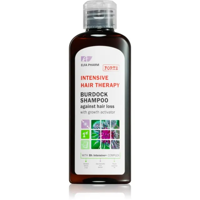Elfa Pharm Intensive Cosmetic Intensive Hair Therapy Burdock Shampoo Kasvuaktivaatoriga šampoon juuste väljalangemise ärahoidmiseks 200 ml