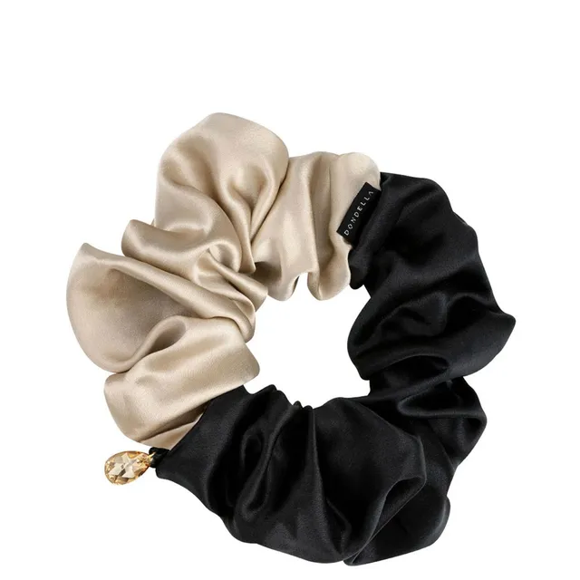 DONDELLA Luxury Silk Black & Beige Scrunchie Hair Ring 14cm