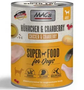 MAC's konserv koerale KANALIHA (93%) ja JÕHVIKATEGA teraviljavaba (Superfood MAC's Dog Chicken & Cranberry)