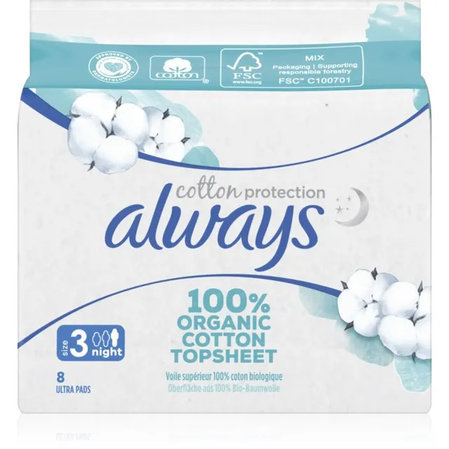 Always Cotton Protection Night Hügieenisidemed lõhnatu 8 tk