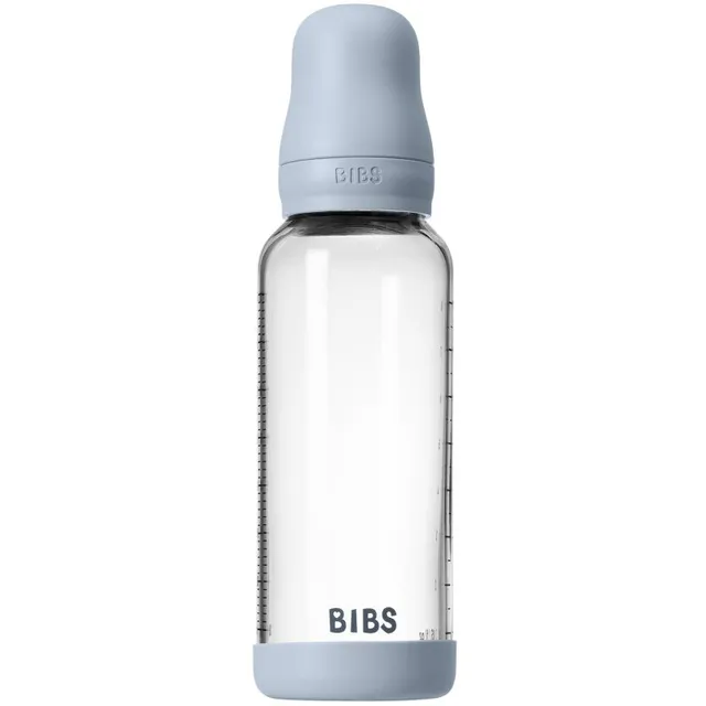 BIBS Baby Glass Bottle Silicone koolikuid ennetav pudel silikoonist lutiga Baby Blue 1 tk